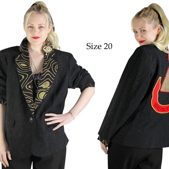 Desperately Seeking 80s Pyramid Style Black Glitter Susan Jacket - Size 20 - Picture 1 of 9